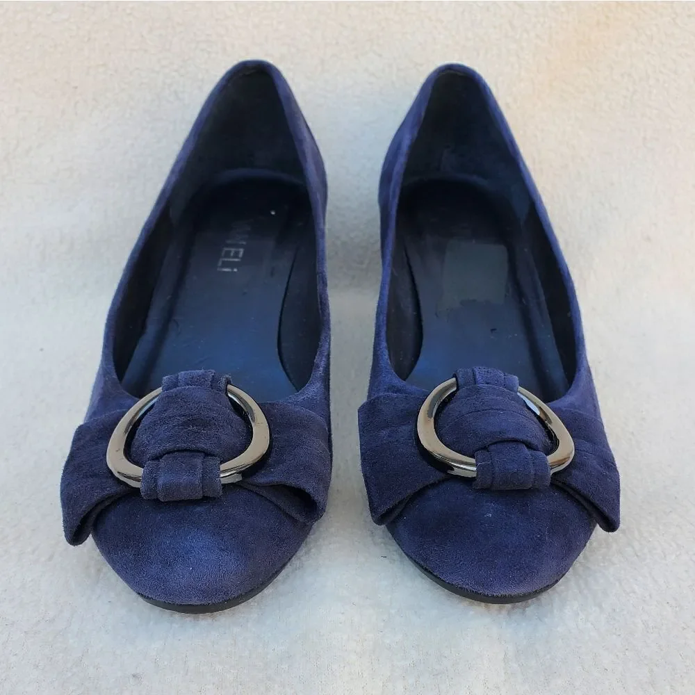Vaneli blue suede wedges with attached ribbon buckle